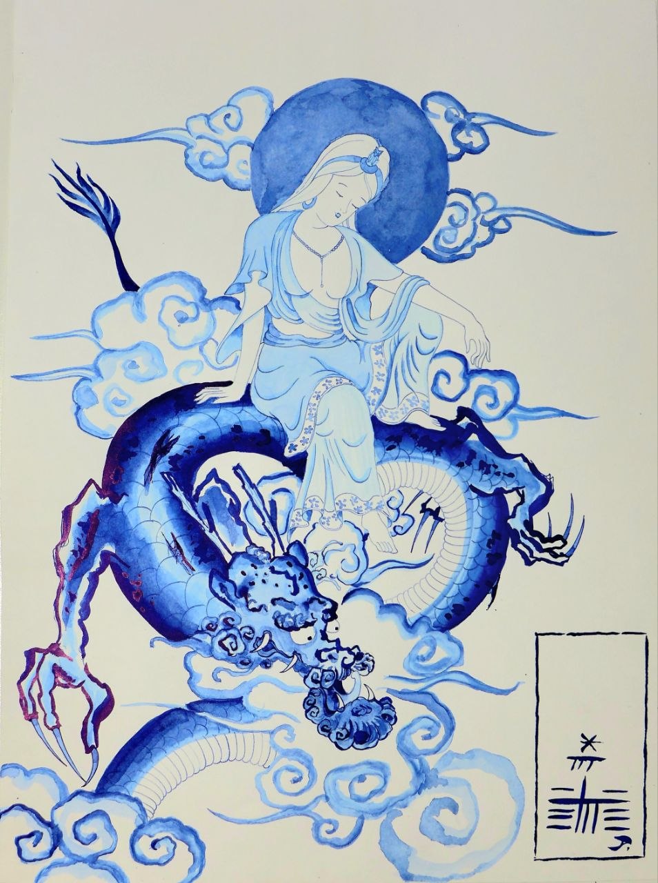 peinture a l'encre bleu de la désse de la lune sur un dragon Etme Delancre